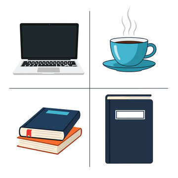 Laptop, coffee, books, and notebook for work or study essentials.