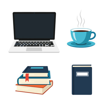 Work and study essentials - laptop, coffee, books, and notebook collection.