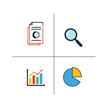 Collection of data analysis, reporting, and search icons for business intelligence.