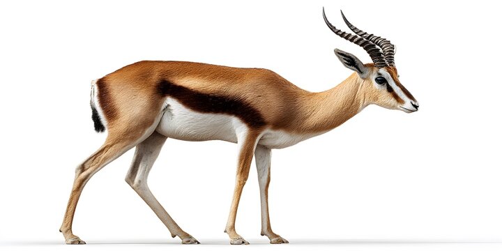 A graceful gazelle stands on a white background, showcasing its elegant form and distinctive horns.