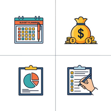 Set of icons representing budget planning, financial analysis, and task management concepts.