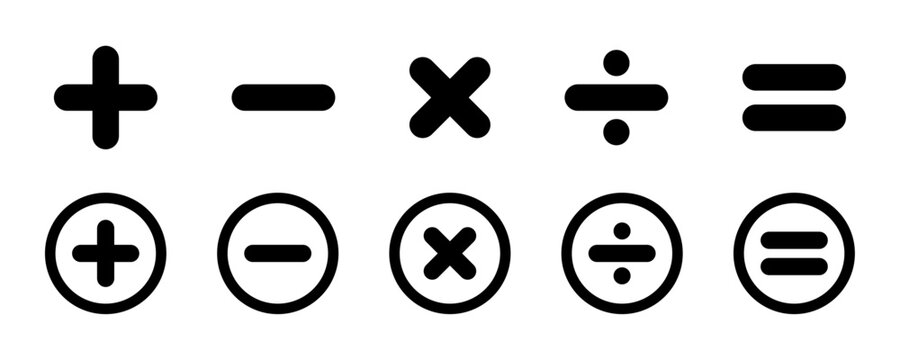 Collection of simple mathematical symbols including Plus, minus, multiply, divide, and equal sign for arithmetic, education, calculators, and digital interface design