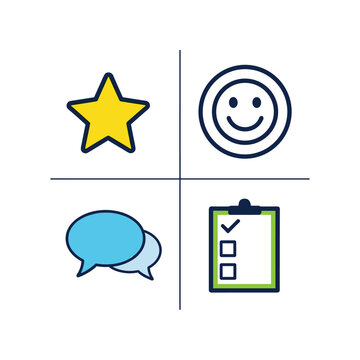 Icons representing feedback, customer satisfaction, reviews, and surveys.