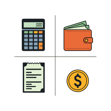 Financial icons - calculator, wallet, receipt, and dollar coin for money management.