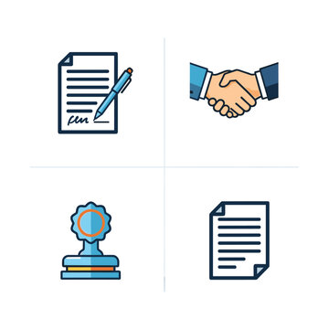Business and Legal Icons - Contract, Handshake, Stamp, Document Symbols.