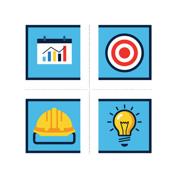 Business planning, goal setting, industrial safety, and innovative ideas concept icons.