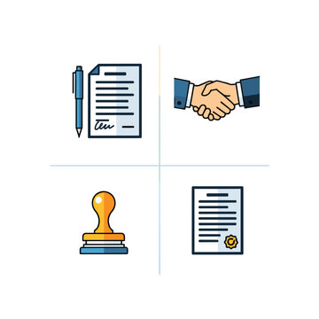 Contractual Agreement Icons - Signature, Handshake, Stamp, and Certificate.