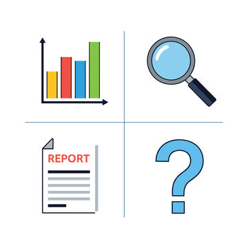 Data analysis, investigation, reporting, and inquiry icons.