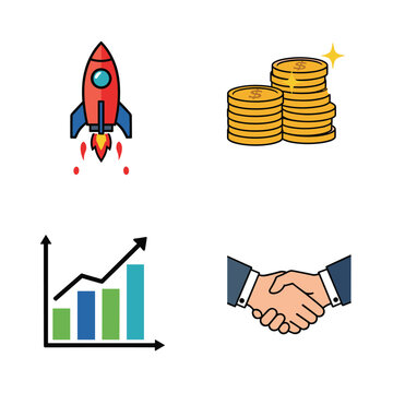 Business success concepts - rocket launch, financial growth, market trends, and partnership agreement.