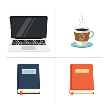 Flat design icon set of laptop coffee cup and books for work or study.