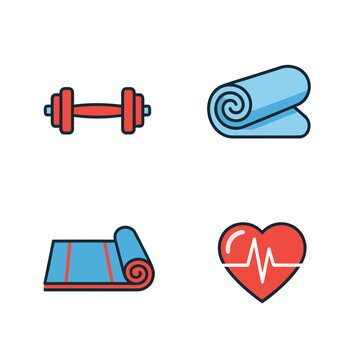 Fitness and Wellness Icons - Dumbbell, Towel, Mat, and Heartbeat.