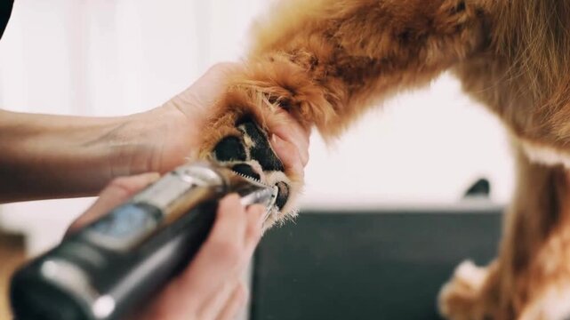 Close up of a groomer using electric clippers to trim a brown dog paw.