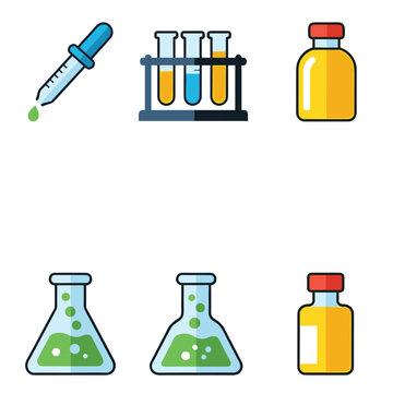 Set of colorful laboratory equipment and chemical glassware icons.