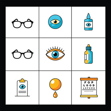 Eye Care Icons - Glasses, Drops, Chart, and Eye Illustrations.