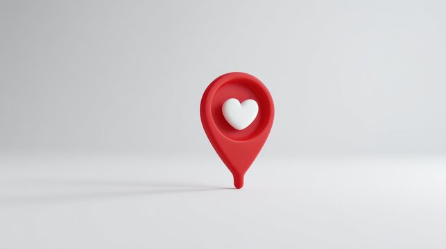 3D Red Map Pin with White Heart Icon on Minimal Background