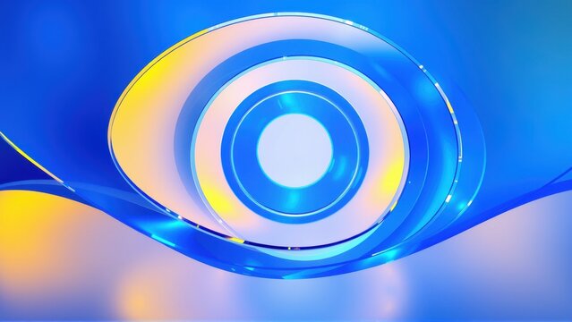 Abstract design features concentric circles, vibrant blue, yellow hues. Smooth curves suggest movement, light reflection creates depth. Modern, dynamic visual.