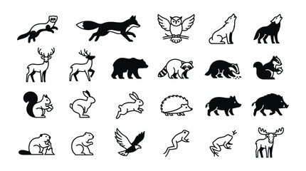 Collection of Forest Animal Icons in Silhouette Style.