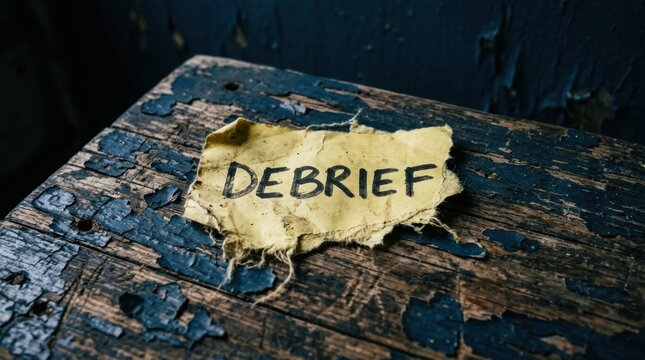 Distressed Yellow Paper with 'DEBRIEF' on Weathered Wood Torn debrief text blue