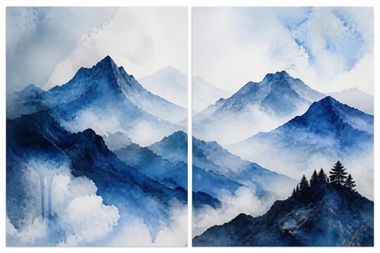 Blue watercolor mountains layered in misty diptych panels