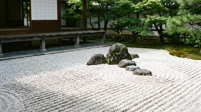 Zen rock garden with raked gravel patterns in a Japanese temple.