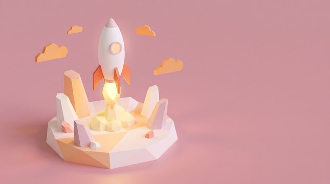 Whimsical rocket launch from abstract terrain during soft sunrise with fluffy clouds
