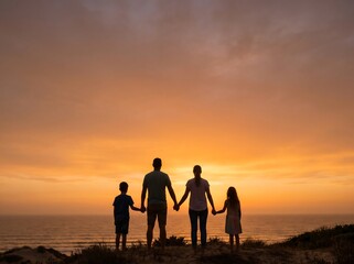 Fototapeta premium Family of four stands silhouetted against a dramatic sunset sky while holding hands near the ocean.