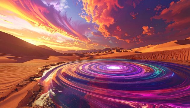 Surreal Desert Landscape with Swirling Cosmic Pool at Sunset.