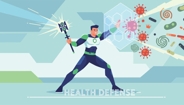 Superhero character using a shield and a glowing staff to defend against flying viruses and bacteria in a health defense concept.
