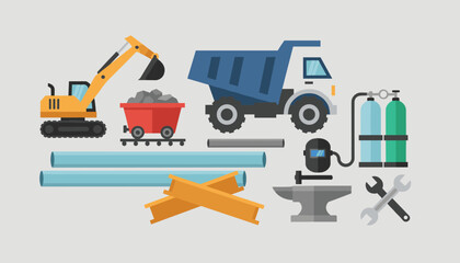 Naklejka premium Industrial construction and mining equipment icons including an excavator, dump truck, welding tanks, pipes, and metalworking tools.