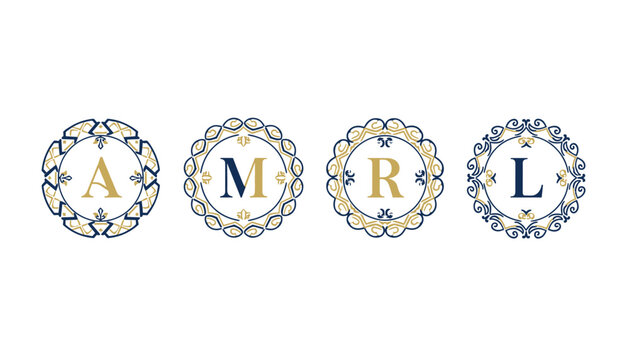 Set of four elegant circular monograms with decorative floral borders featuring the letters A, M, R, and L in gold and navy colors.