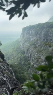 4K view of multiple monsoon waterfalls in a breathtaking valley of the Sahyadri mountain range, India