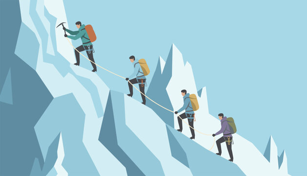 Team of four professional mountain climbers scaling a steep, snow-covered mountain peak using ropes and ice axes for safety.