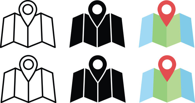 Map and location pin icons in outline black and colored styles representing geolocation and navigation concepts flat vector illustration icon pinpoint