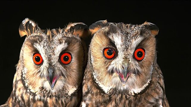 Close up detailed footage of two long eared owls with glowing orange