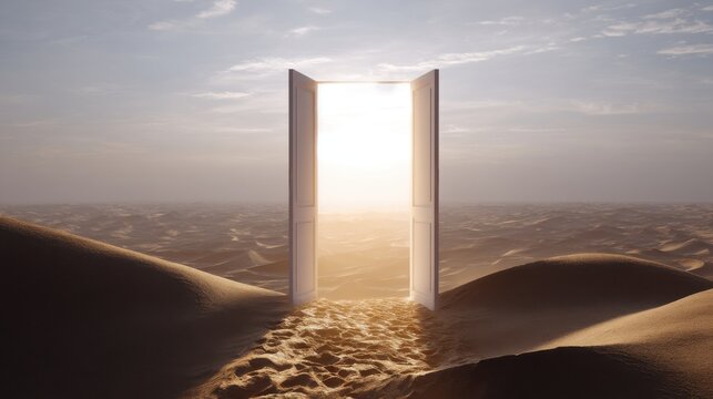 A surreal open door in a vast desert landscape bathed in golden light