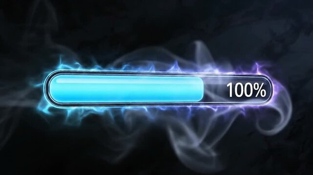 Futuristic Glowing Progress Bar with Smoke Effect on Dark Background.