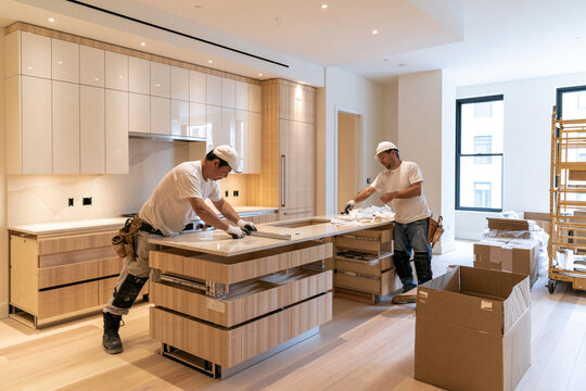 Two workers install kitchen cabinets in a modern, bright space. They focus on assembling the island unit with care and precision. Cardboard boxes and tools lie nearby, indicating active setup