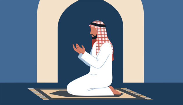 Profile view of a Muslim man in traditional white robes and kaffiyeh kneeling on a prayer rug in a mosque archway.