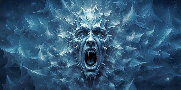 Faccia di demone del ghiaccio spettrale che urla in una tempesta di neve artica, 153