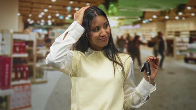 Woman holding car keys and touching her head with a puzzled grimace while gesturing with an open hand among busy retail shelves in building; confusion.