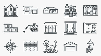 Fototapeta premium Modern Black and White Line Drawing Icons Set Featuring Various House Types Compass Wall Garden Garage and Street Lamp