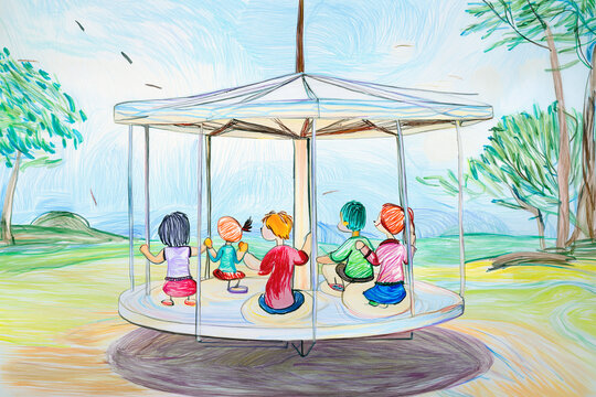 Bambini che giocano su una giostra in un parco all'aperto in stile disegno a matita e colore 434d