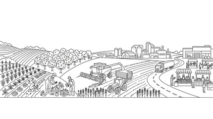 Fototapeta premium Farming to City: Agricultural Harvest, Modern Technology, and Urban Marketplace