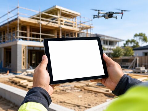 A close-up view of hands holding a tablet with a white screen at a construction site with a drone.