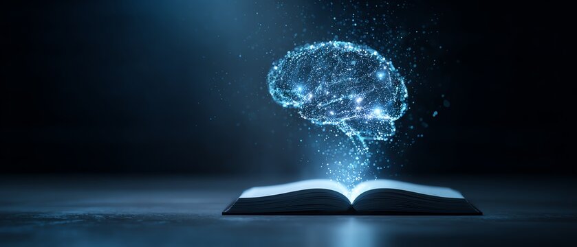 An open book with a glowing brain above it.