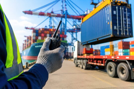 A port worker in a high-visibility vest holds a walkie-talkie while a container is being loaded.