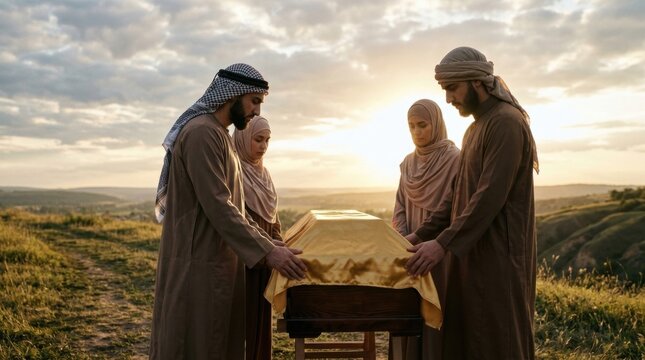 Group of Four People in Robes Standing by Men carrying ark covenant against dramatic sunset
