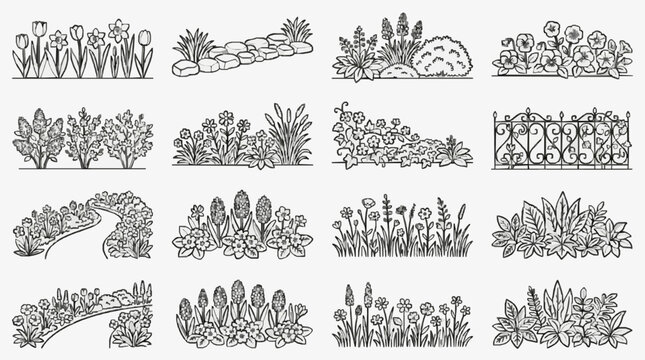 Elegant Black and White Botanical Line Art Collection of Flowers Plants and Garden Elements for Designers and Artists