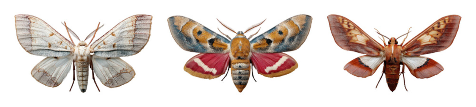 PNG Colorful moth illustrations with intricate details, transparent background
