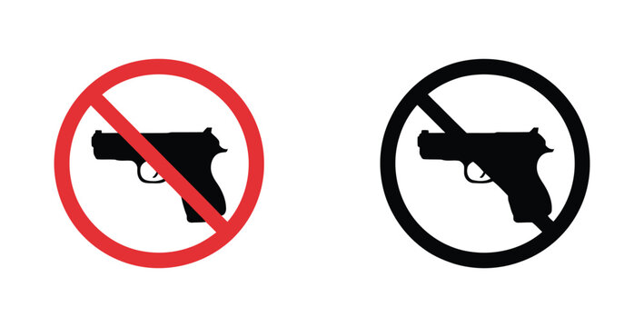 No gun allowed vector icon designs, clear prohibition symbol collection featuring crossed-out firearm signs for restricted areas, public safety, security policies, and warning signage applications.